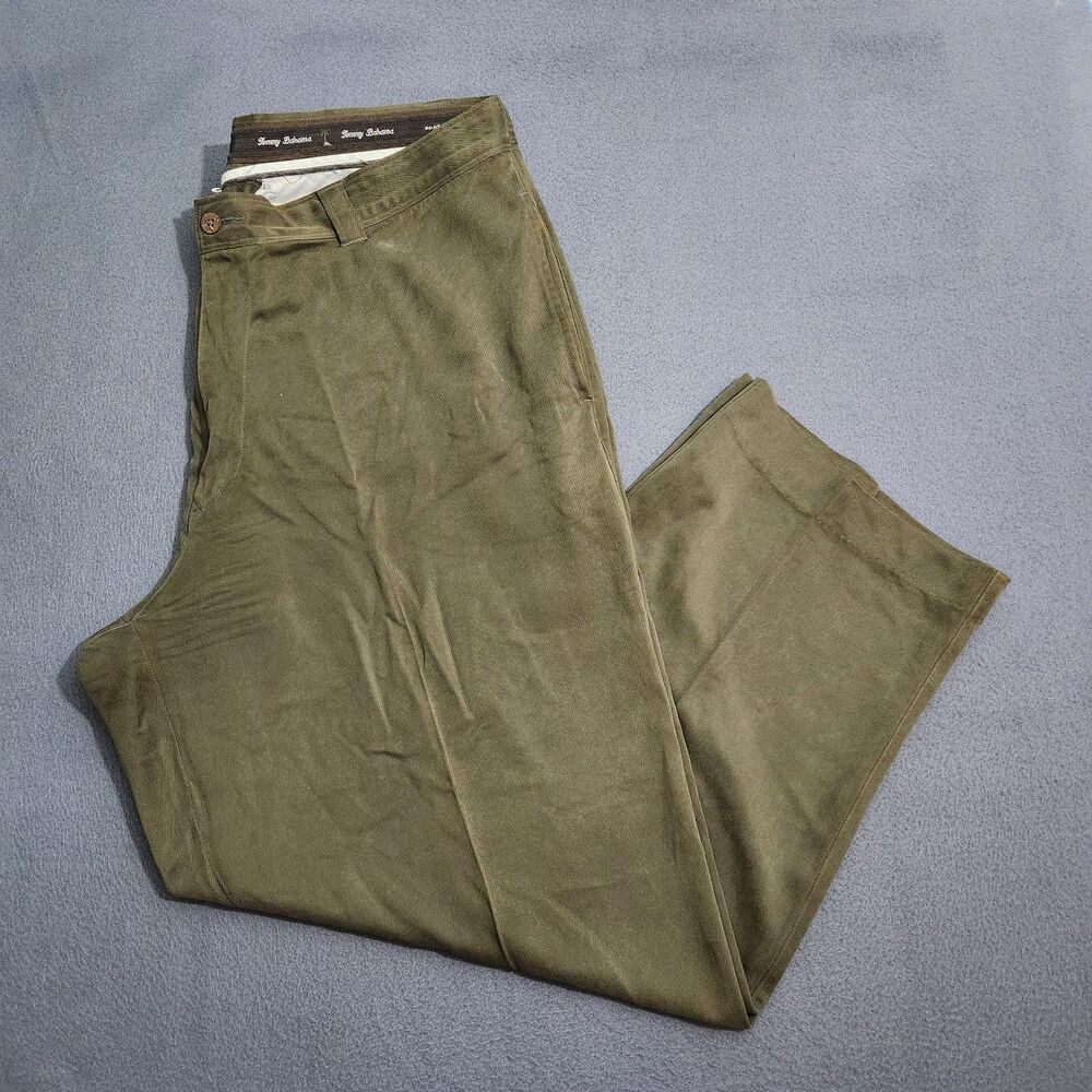 Tommy Bahama Men 40 (38X29) Green Relax Fit 100% Silk Flat Front Dress Pants